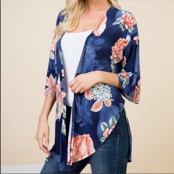 Blue and Floral 3/4 Sleeve Kimono Cardigan - Picture 1 of 7
